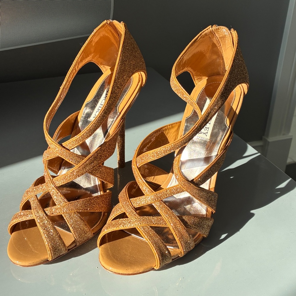 Badgley Mischka Glitter Strappy Heels - Tan